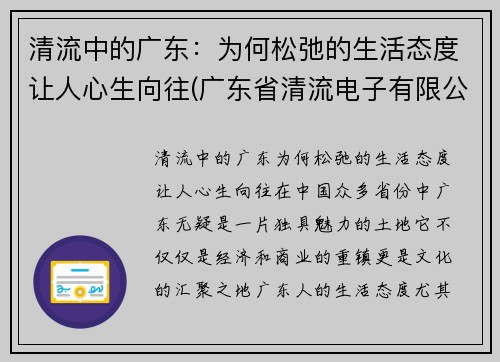 清流中的广东：为何松弛的生活态度让人心生向往(广东省清流电子有限公司)